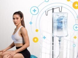 IV therapy infusion bag in medical setting, health, wellness, hydration treatment.